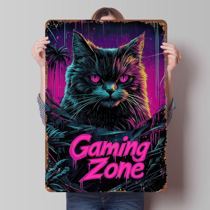 Retro Gaming At Home - Póster Metálico de Gato Gamer, Arte